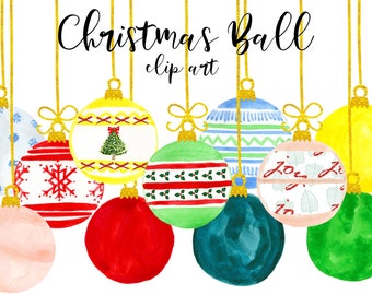 Puede incluir: Un conjunto de diez adornos navideños de acuarela con varios patrones y colores, incluyendo rojo, verde, azul, amarillo y blanco. Los adornos están colgados de cuerdas doradas y tienen un fondo blanco.