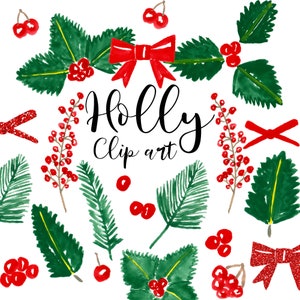 Clip art di Natale agrifoglio, natale acquerello, bacche, foglie, rami, glitter rosso, decorazione natale, fiocco, uso commerciale