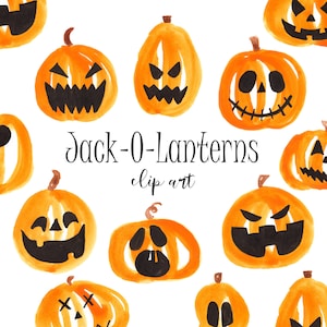 Può includere: Un set di dieci illustrazioni ad acquerello di zucche di Halloween con diverse espressioni facciali. Le zucche sono arancioni con tratti del viso neri e sono disposte in un cerchio attorno al testo "Jack-O-Lanterns clip art".