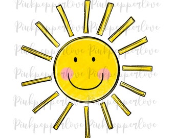 May include: A yellow sun with a smiling face and rosy cheeks. The sun has 12 rays that extend from the center.
