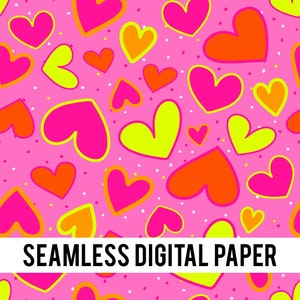 Papel digital de corazones, papel digital rosa neón, álbum de recortes, fondo de corazones, patrón de corazones, amarillo neón, naranja, uso comercial