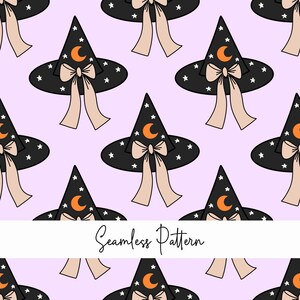 May include: A seamless pattern featuring witch hats with a crescent moon and stars on a light purple background. The hats have a black brim, a pointed top, and a beige bow.