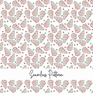 May include: Seamless pattern featuring Christmas trees and stars in red, white, and green on a white background. The trees have red stripes and the stars are green and red. The words "Seamless Pattern" are written in black cursive.