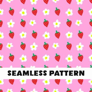 Op de afbeelding: Een naadloos patroon met rode aardbeien en witte bloemen op een roze achtergrond. Het patroon is eenvoudig en speels, perfect voor een verscheidenheid aan projecten.