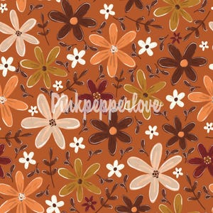 May include: A repeating pattern of stylized flowers in shades of brown, orange, white, and olive green on a rust-colored background. The design includes various sizes of flowers and small leaf sprigs. The text "Pinkpepperlove" is overlaid on the image.