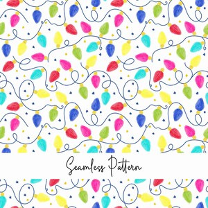 Può includere: Motivo senza cuciture di luci natalizie colorate in rosso, giallo, blu, verde e rosa, infilate su un filo blu scuro, con piccole stelle gialle su sfondo bianco. Il testo "Seamless Pattern" è scritto in corsivo.
