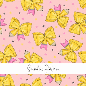 Coquette seamless pattern, Bow digital paper, scrapbooking, pencil background, back to school, school seamless file