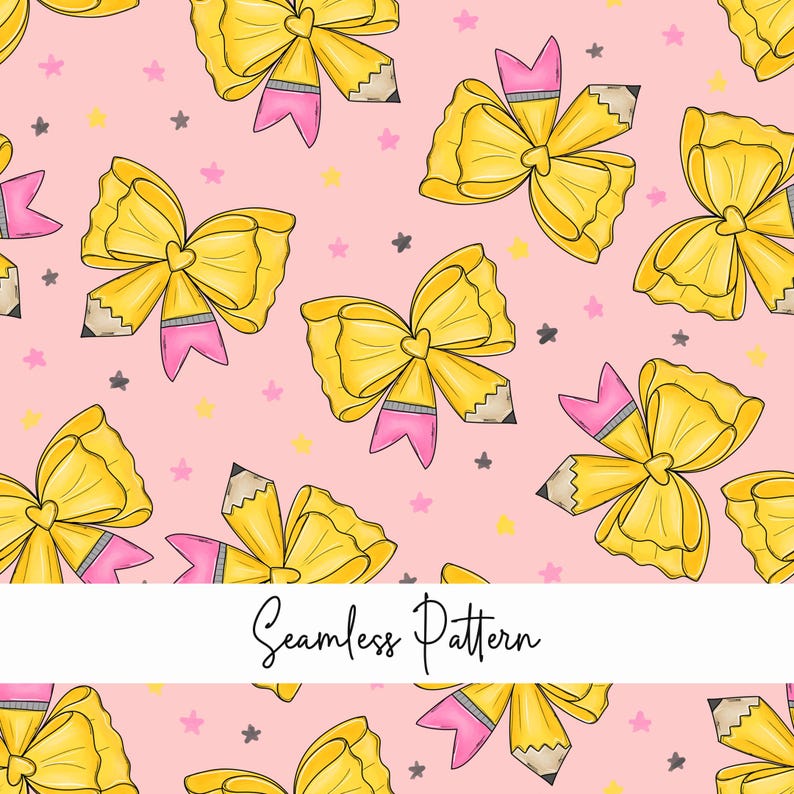 Puede incluir: Un patr&oacute;n sin costuras con lazos de l&aacute;piz amarillos con acentos rosados sobre un fondo rosa con peque&ntilde;as estrellas amarillas y grises. El texto "Seamless Pattern" est&aacute; en la parte inferior de la imagen.