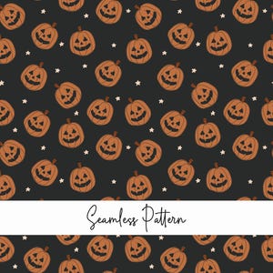 May include: A seamless pattern featuring orange jack-o'-lanterns with carved faces and small off-white stars scattered across a dark charcoal background. A white horizontal banner across the centre displays the text Seamless Pattern.