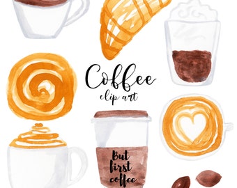Clipart de café, xícara de café, clipart em aquarela, clipart de café da manhã, clipart de cappuccino, clipart de comida, clipart de brioches