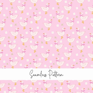 May include: A seamless pattern featuring white geese with pink bows on a pink background with white flowers. The text "Seamless Pattern" is at the bottom of the image.