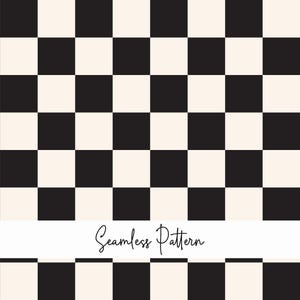 Könnte beinhalten: Ein sich wiederholendes Schachbrettmuster aus abwechselnden schwarzen und cremeweißen Quadraten. Ein horizontales weißes Band im unteren Teil des Bildes enthält den schwarzen kursiven Text Seamless Pattern, zentriert über dem Gitterdesign.