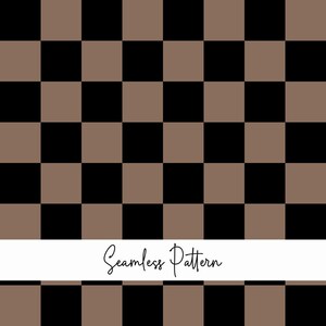 May include: A repeating checkerboard pattern consisting of alternating solid black and muted brown squares. A horizontal white banner is overlaid across the lower portion of the image, featuring the black cursive text Seamless Pattern.