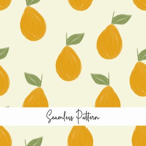 Può includere: Motivo senza cuciture con pere gialle disegnate a mano con foglie verdi su sfondo giallo chiaro. La scritta "Seamless Pattern" è in corsivo. Adatto a varie applicazioni.
