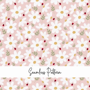 Pode incluir: Um padrão sem costura com margaridas brancas com centros amarelos, folhas verdes e joaninhas vermelhas sobre um fundo rosa claro. O texto "Seamless Pattern" está escrito em itálico.