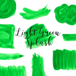 Peut inclure: Un ensemble d'éclaboussures d'aquarelle vert clair de différentes formes et tailles. Le texte "Light Green Splash" est écrit en cursive noire.