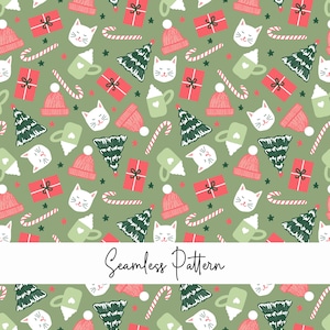May include: A seamless pattern featuring a green background with white cats, red presents, green Christmas trees, candy canes, and white mugs with red hearts. The text "Seamless Pattern" is written in black on a white banner.