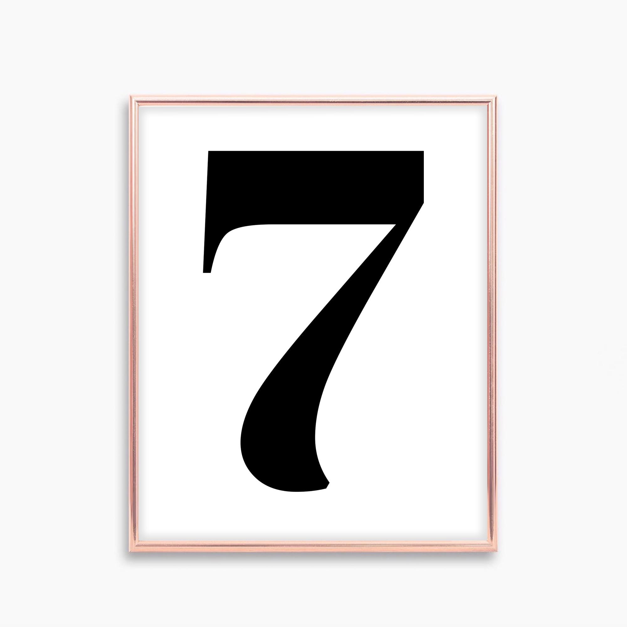 数字7の印刷物、数字7のポスター、白黒の数字、タイポグラフィプリント 