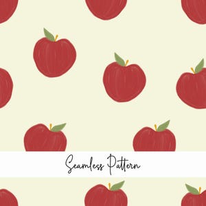 Può includere: Motivo senza cuciture con mele rosse e foglie verdi su sfondo giallo chiaro. Le mele sono uniformemente distanziate. Il testo "Seamless Pattern" è scritto in corsivo.
