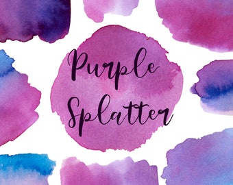 Op de afbeelding: Paarse aquarel splatter verf in verschillende tinten paars en blauw. De tekst "Purple Splatter" is geschreven in zwarte cursieve letters.