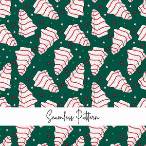 May include: Seamless pattern featuring red and white striped Christmas trees on a teal green background with red, white, and green stars.