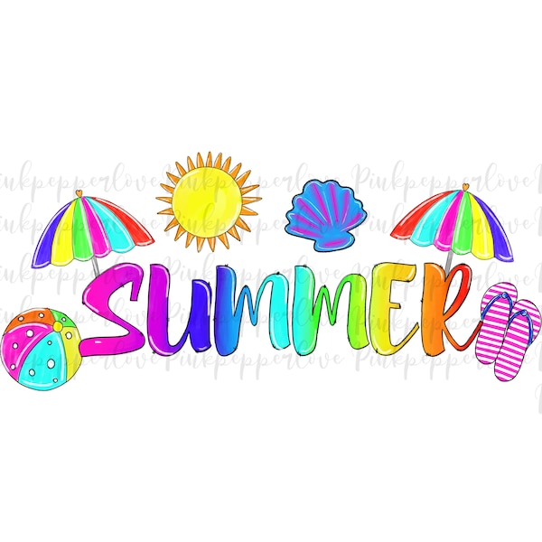 Summer png, summer sublimation, flip flops, beach, summer, sun, balloon, shell, beach umbrella commercial use