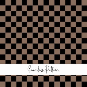 Könnte beinhalten: Ein sich wiederholendes Gitter aus abwechselnd schwarzen und braunen Quadraten, das ein Schachbrettmuster bildet. Ein horizontales weißes Banner liegt über dem unteren Teil des Bildes mit dem schwarzen kursiven Text Seamless Pattern.