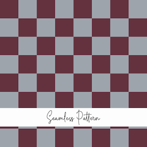 May include: A repeating checkerboard design featuring alternating squares of deep maroon and light gray. A horizontal white banner is overlaid across the lower portion of the image, containing the black cursive text Seamless Pattern.