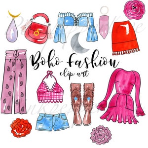Boho clip art, bohemian clip art, acquerello boho chic, moda clip art, abbigliamento donna, abito rosa, cristalli, stile boho