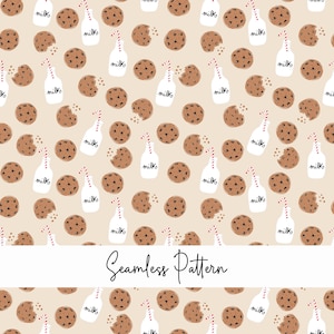 Könnte beinhalten: Ein nahtloses Muster mit Schokoladenkeksen, Milchflaschen mit rot-weiß gestreiften Strohhalmen und dem Wort "milk". Das Design befindet sich auf einem beigefarbenen Hintergrund, mit dem Text "Seamless Pattern" unten.
