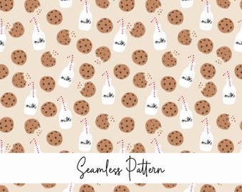 Milk and cookies seamless pattern, cookies background, chocolate chip cookies, milk and cookie surface pattern, small size