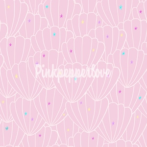 May include: A repeating pattern of pink seashells with white outlines and colorful star accents. The text "Pinkpepperlove" is written in white cursive across the image. The design is whimsical and suitable for various applications.