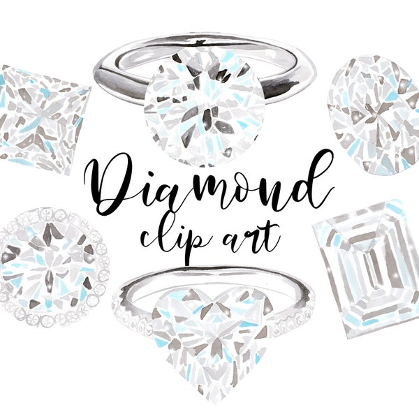 Clipart diamonds, diamond ring, watercolor diamond, engagement ring, rhinestones, gems, jewelry, wedding, commercial use