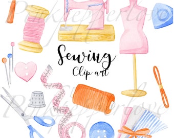 Sewing clip art, sewing accessories, sewing machine, mannequin, tailoring clip art, seamstress, sewing kit, watercolor clip art
