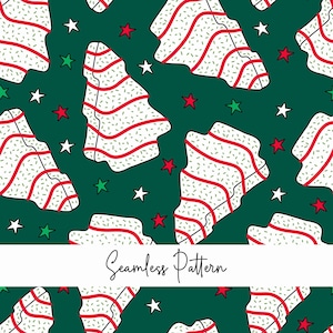 Puede incluir: Patrón sin costuras con árboles de Navidad blancos y rojos con chispas verdes y blancas sobre un fondo verde oscuro. El patrón se repite en toda la imagen. El texto "Seamless Pattern" está escrito en negro en la parte inferior de la imagen.