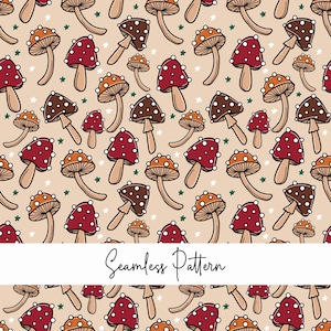 May include: A seamless pattern featuring a repeating illustration of various mushrooms in shades of red, orange, and brown with white spots on a light beige background, interspersed with small green and white stars and the text Seamless Pattern.