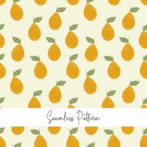 Può includere: Un motivo senza cuciture con pere gialle stilizzate con foglie verdi su sfondo crema. Le parole "Seamless Pattern" sono scritte in corsivo nero nella parte inferiore dell'immagine.