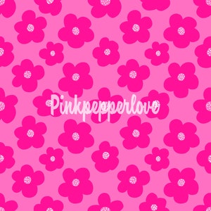 Può includere: Uno schema senza cuciture con fiori rosa con centri bianchi su uno sfondo rosa. Il testo "Pinkpepperlove" è al centro del design.