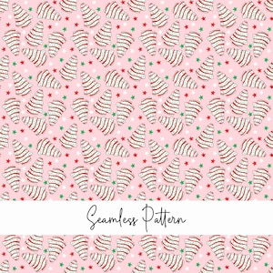 May include: A seamless pattern featuring white and red striped Christmas trees with green and red stars on a pink background. The text "Seamless Pattern" is at the bottom of the image.