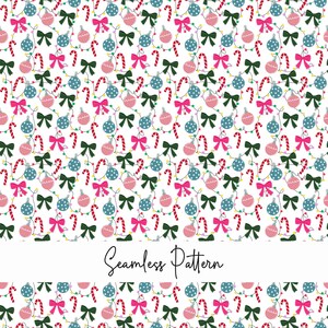 Può includere: Motivo natalizio senza cuciture su sfondo bianco. Il design presenta elementi ripetuti di ornamenti rosa e verde acqua, fiocchi verdi, bastoncini di zucchero e fili di luci. Le parole "Seamless Pattern" sono scritte in corsivo.