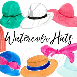 May include: A collection of watercolor paintings of different hats. The hats are in various colors, including green, white, pink, blue, and orange. The text "Watercolor Hats" is written in black cursive lettering.
