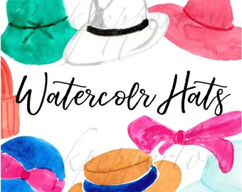 May include: A collection of watercolour paintings of different hats. The hats are in various colours, including green, white, pink, blue, and orange. The text "Watercolor Hats" is written in black cursive lettering.