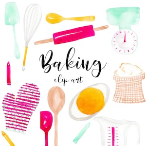 Baking clip art, cooking clip art, culinary art, watercolor clip art, food illustration, food clipart, kitchen utensils