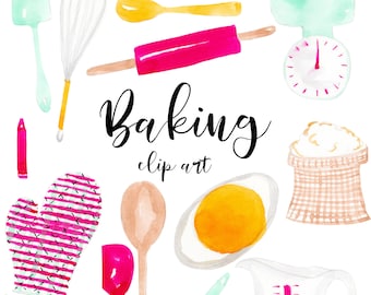 Baking clip art, cooking clip art, culinary art, watercolor clip art, food illustration, food clipart, kitchen utensils