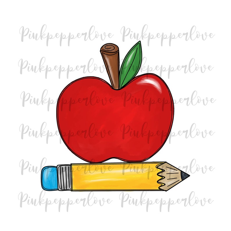 May include: A red apple with a green leaf and brown stem sits on top of a yellow pencil with a blue eraser.