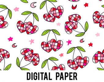 Digitales Papier mit Kirschen, digitales Papier zum Valentinstag, Kirsch-Retro, Scrapbook, Kirschhintergrund, Kirschmuster, kommerzielle Nutzung