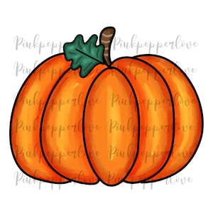 May include: A cartoon illustration of a bright orange pumpkin with a green stem and brown stripes. The pumpkin has a rounded shape and is outlined in black.