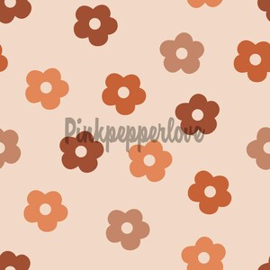 May include: A repeating pattern of retro-style flowers in shades of brown and orange on a light peach background. The flowers have a white center and are evenly spaced across the surface. The text "Pinkpepperlove" is visible.