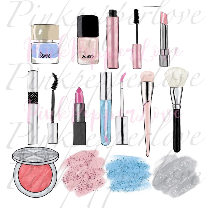May include: A set of makeup products including mascara, lipstick, lip gloss, eyeshadow, blush, and brushes. The products are in various colors, including pink, blue, and silver. The products are arranged in a row on a white background.