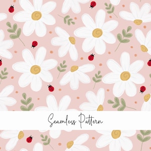 Pode incluir: Um padrão sem costura com margaridas brancas com centros amarelos, folhas verdes e joaninhas vermelhas sobre um fundo rosa claro. O texto "Seamless Pattern" está escrito em itálico.
